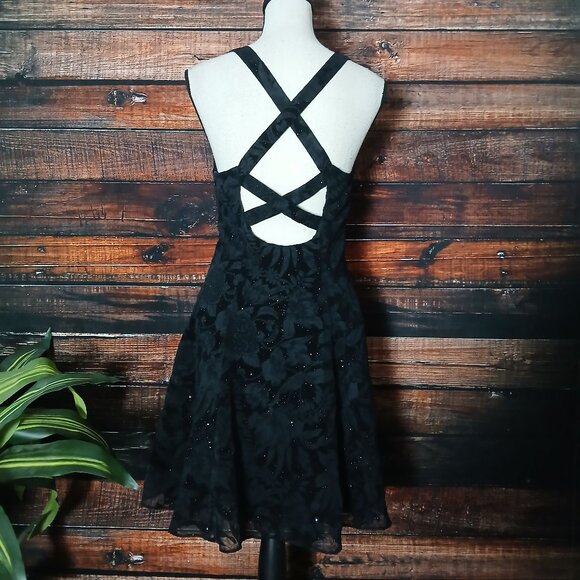 Vintage Nite Kraze Dress 9/10 Velvet Burnout Floral Glitter Cross Back LBD - Picture 4 of 10